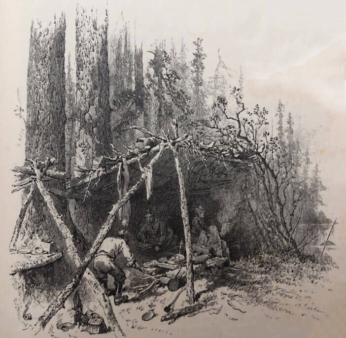 Antique illustration - camping in the woods under a large lean to - people under shelter with fire