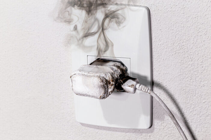 cell phone charger short-circuited, smoke and fire, electrical appliance melting