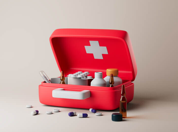 Simple open red first aid kit with with medicines for drugstore category on floor 3d render illustration. Isolated object on background
