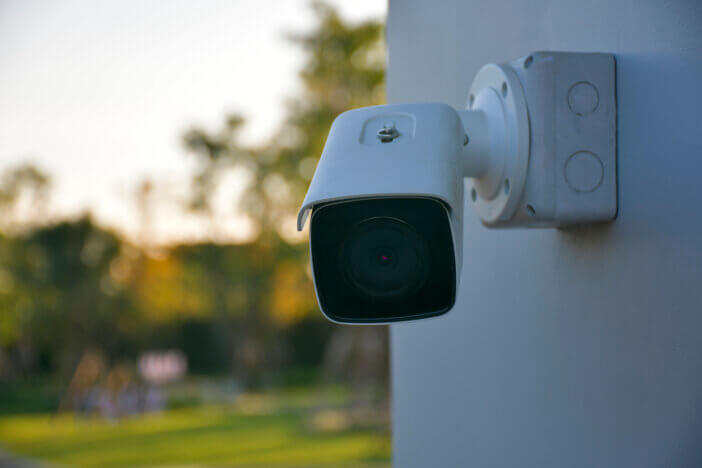 CCTV cameras are mounted on black steel poles. To record the incident and to allow the security officers to monitor the property and monitor the order through the CCTV camera.