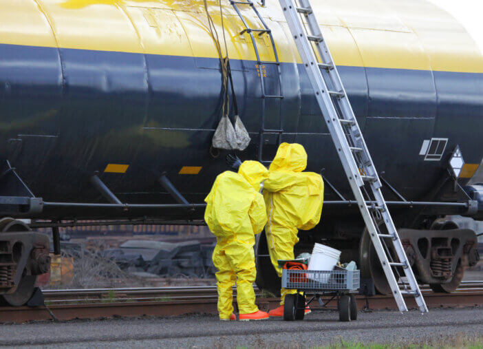 Fire departments and emergency response teams will conduct disaster preparedness drills. These HAZMAT team members are passing tools up to the other team members on the rail tanker to repair the leak.