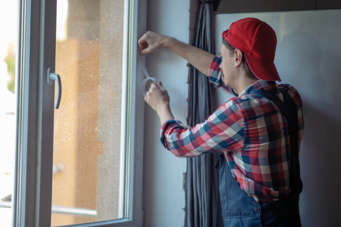 Repairman dressed in workwear sticking the white sealing tape to the plastic steel window frame
