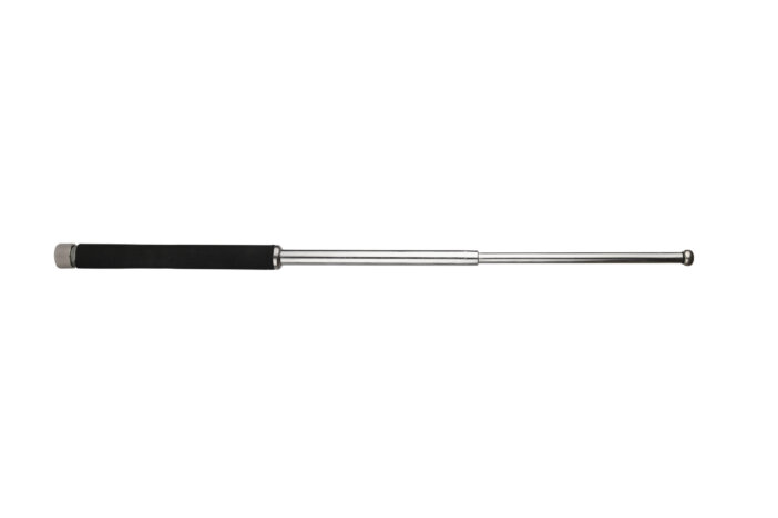 Expandable Baton Telescopic Retractable Stick Pure Steel Metal. Self Defense Collapsible Security Emergency Escape Tool. Isolated on white background