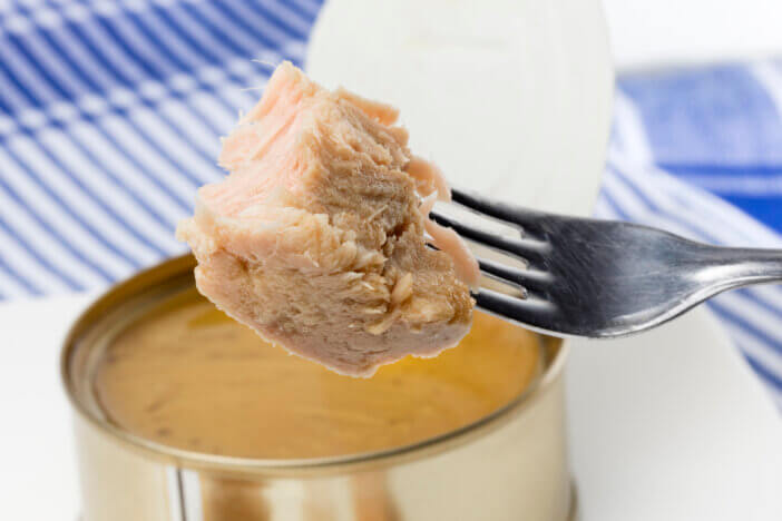piece of canned tuna in olive oil just for eating. As a background one tuna can open over a napkin white with blue bars