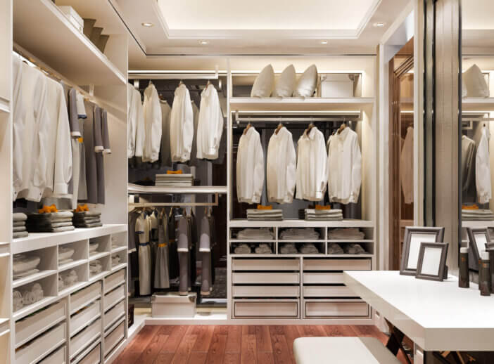 3d rendering minimal scandinavian wood walk in closet with wardrobe