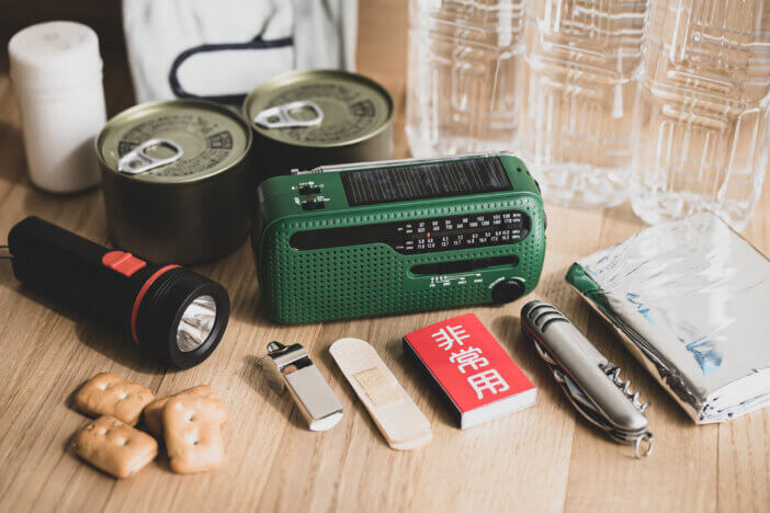 Disaster prevention goods, first aid supplies, radios, flashlights, dry bread
