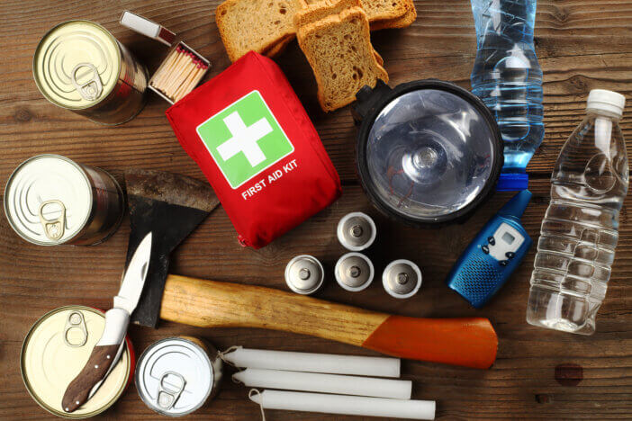 Items for emergency on wooden table