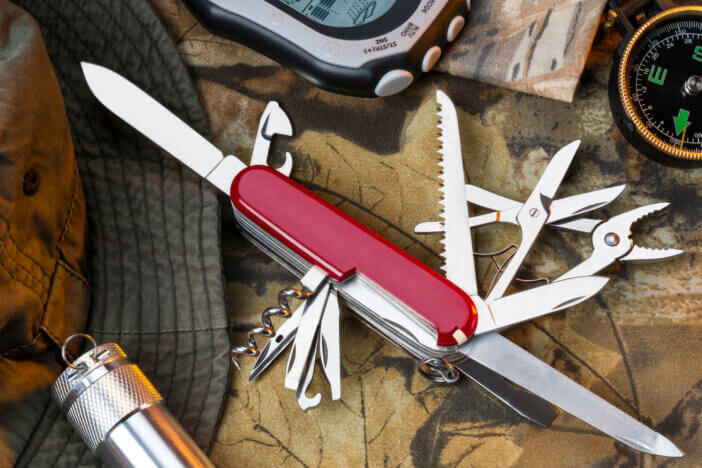 A Swiss Army style of mulitool knife and equipment for the great outdoors.