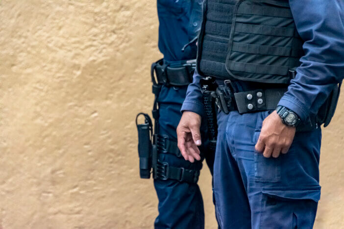 Male police and guards, in uniform, wearing bulletproof vest, Guanajuato, Mexico